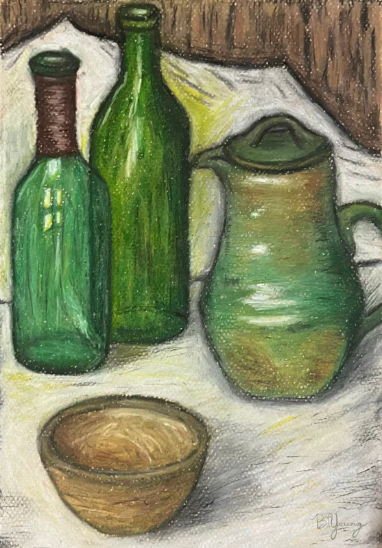 The oil pastel painting by Ben Young shows a textured still life composition of two green bottles, a green jug, and a brown bowl on a hung white fabric surface against a dark wooden background.