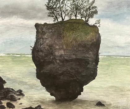 This watercolor painting depicts a lone rock formation topped with a cluster of small trees, standing tall in calm, shallow water under a cloudy sky.