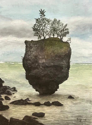 Erie Rock II (2024) by Ben Young This watercolor painting depicts a lone rock formation topped with a cluster of small trees, standing tall in calm, shallow water under a cloudy sky.