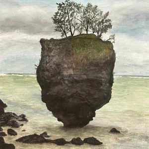 This watercolor painting depicts a lone rock formation topped with a cluster of small trees, standing tall in calm, shallow water under a cloudy sky.