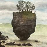 This watercolor painting depicts a lone rock formation topped with a cluster of small trees, standing tall in calm, shallow water under a cloudy sky.