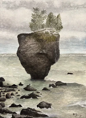 Erie Rock (2024) by Ben Young This watercolor painting by Ben Young is an ethereal and solitary stone monolith, crowned with verdant trees, rises from the misty waters of a tranquil lake, embodying a quiet testament to nature's enduring strength and mystery.