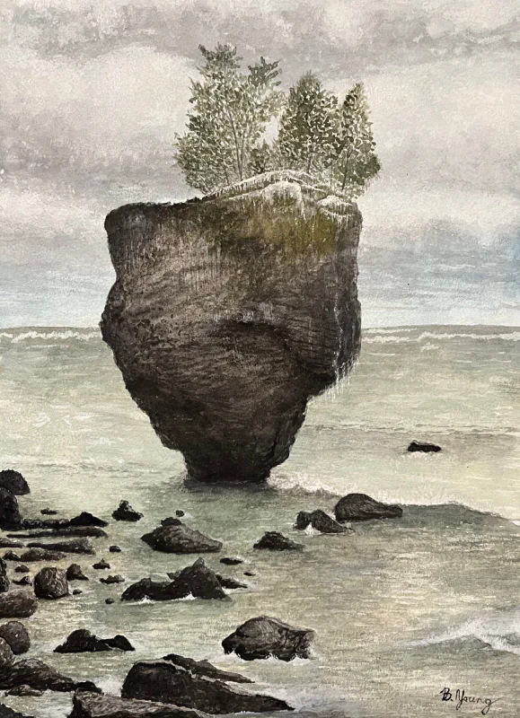 This watercolor painting by Ben Young is an ethereal and solitary stone monolith, crowned with verdant trees, rises from the misty waters of a tranquil lake, embodying a quiet testament to nature's enduring strength and mystery.