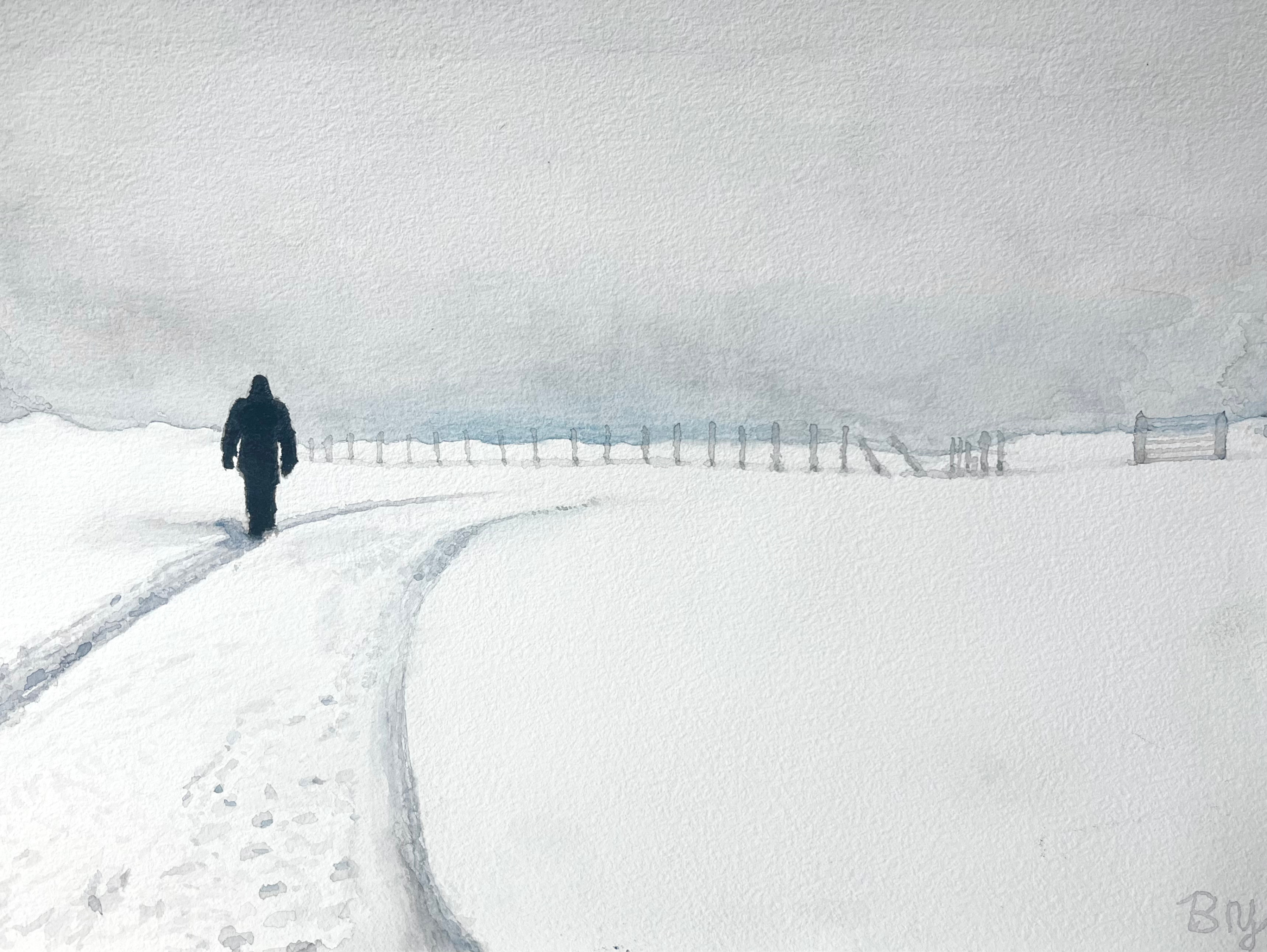 This painting by Ben Young shows a solitary figure traverses a snowy path flanked by a fence, in a muted watercolor landscape shrouded in a hazy atmosphere.