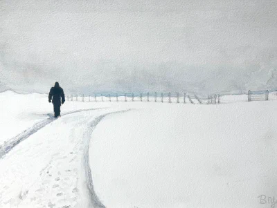 Escape (2024) by Ben Young This painting by Ben Young shows a solitary figure traverses a snowy path flanked by a fence, in a muted watercolor landscape shrouded in a hazy atmosphere.