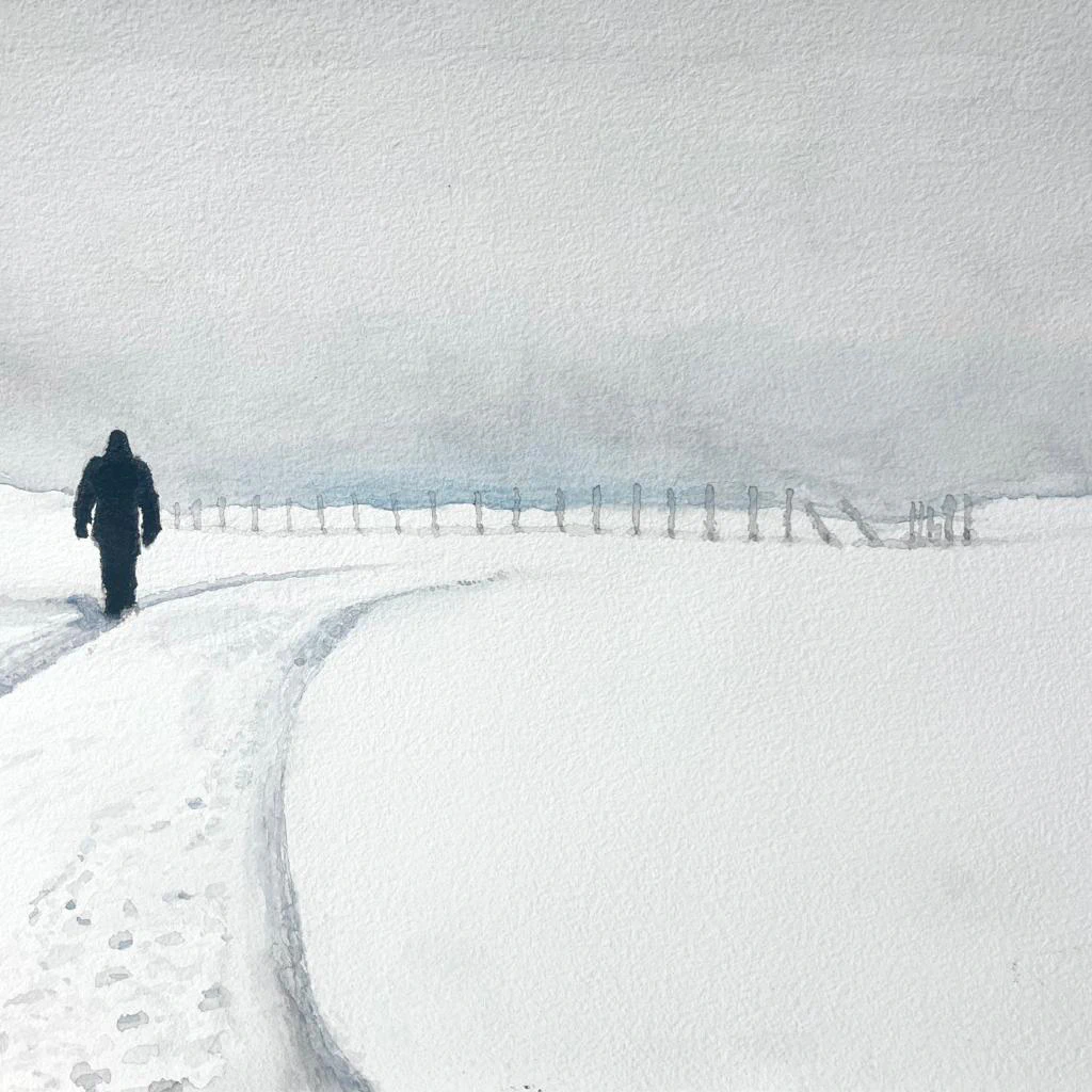 This painting by Ben Young shows a solitary figure traverses a snowy path flanked by a fence, in a muted watercolor landscape shrouded in a hazy atmosphere.