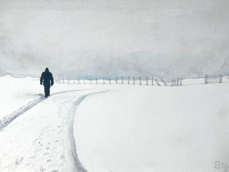 This painting by Ben Young shows a solitary figure traverses a snowy path flanked by a fence, in a muted watercolor landscape shrouded in a hazy atmosphere.