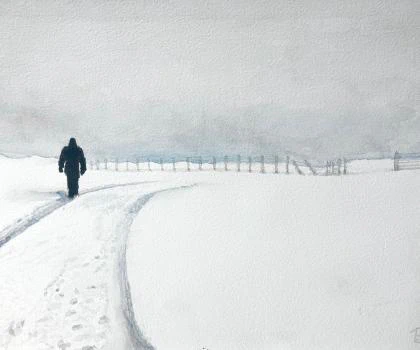 This painting by Ben Young shows a solitary figure traverses a snowy path flanked by a fence, in a muted watercolor landscape shrouded in a hazy atmosphere.