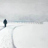 This painting by Ben Young shows a solitary figure traverses a snowy path flanked by a fence, in a muted watercolor landscape shrouded in a hazy atmosphere.