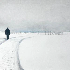 Escape (2024) by Ben Young This painting by Ben Young shows a solitary figure traverses a snowy path flanked by a fence, in a muted watercolor landscape shrouded in a hazy atmosphere.