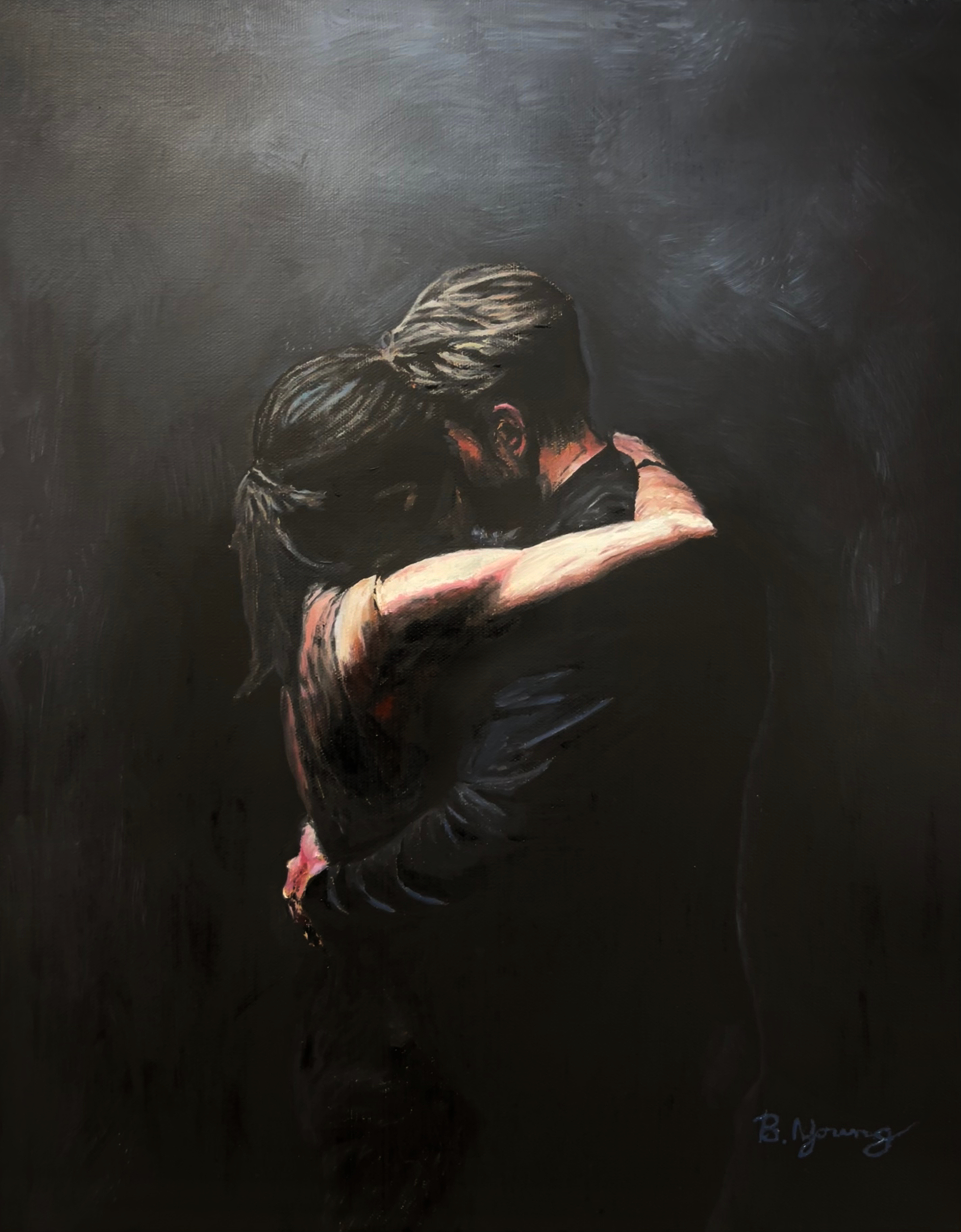 This oil painting captures a tender and intimate moment of a couple embracing under dramatic, soft lighting against a dark, textured background, evoking deep emotion and connection.