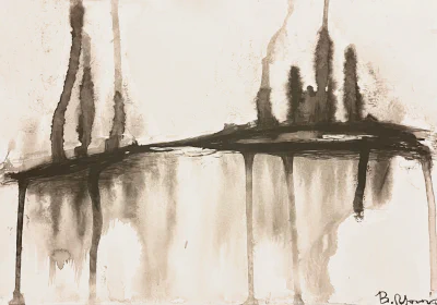 Fissure (2024) by Ben Young The abstract painting depicts a stark, earth-toned fissure with its reflection, conveying a sense of division or a singular broad crack.