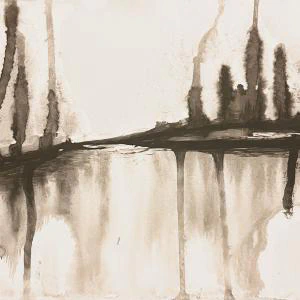 Fissure (2024) by Ben Young The abstract painting depicts a stark, earth-toned fissure with its reflection, conveying a sense of division or a singular broad crack.