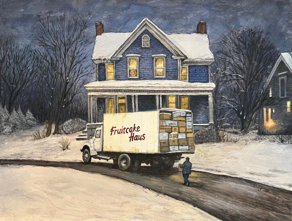 This watercolor painting depicts a cozy winter scene of a snow-covered house warmly lit from within, as a delivery truck labeled "Fruitcake Haus" unloads boxes in the quiet evening.