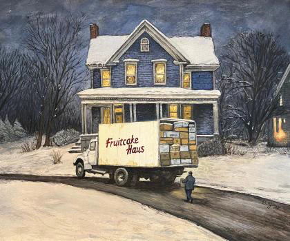 This watercolor painting depicts a cozy winter scene of a snow-covered house warmly lit from within, as a delivery truck labeled "Fruitcake Haus" unloads boxes in the quiet evening.