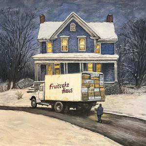 This watercolor painting depicts a cozy winter scene of a snow-covered house warmly lit from within, as a delivery truck labeled "Fruitcake Haus" unloads boxes in the quiet evening.