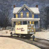 Fruitcake Delivery (2024) by Ben Young This watercolor painting depicts a cozy winter scene of a snow-covered house warmly lit from within, as a delivery truck labeled "Fruitcake Haus" unloads boxes in the quiet evening.