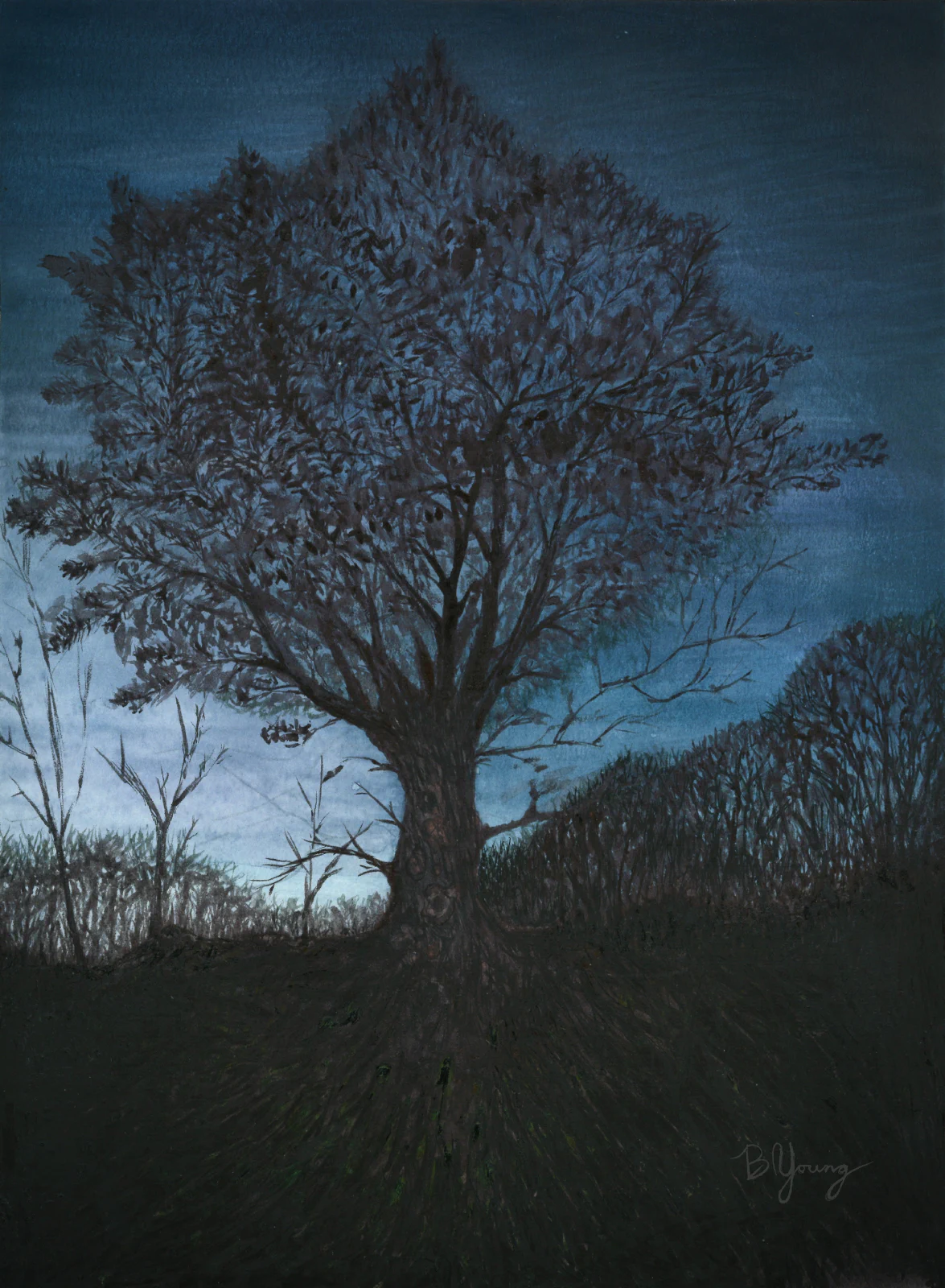 In this evocative water color painting by Ben Young, a majestic tree stands prominently against a dusky sky, its intricate branches silhouetted by the soft glow of twilight.