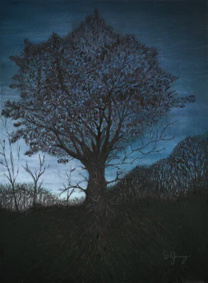 Fry's Tree (2024) by Ben Young In this evocative water color painting by Ben Young, a majestic tree stands prominently against a dusky sky, its intricate branches silhouetted by the soft glow of twilight.