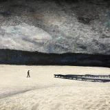 Gehen Heim (2024) by Ben Young This painting by Ben Young depicts a solitary figure walking across a lake of ice, with the scene conveying a sense of solitude in a wintry landscape.