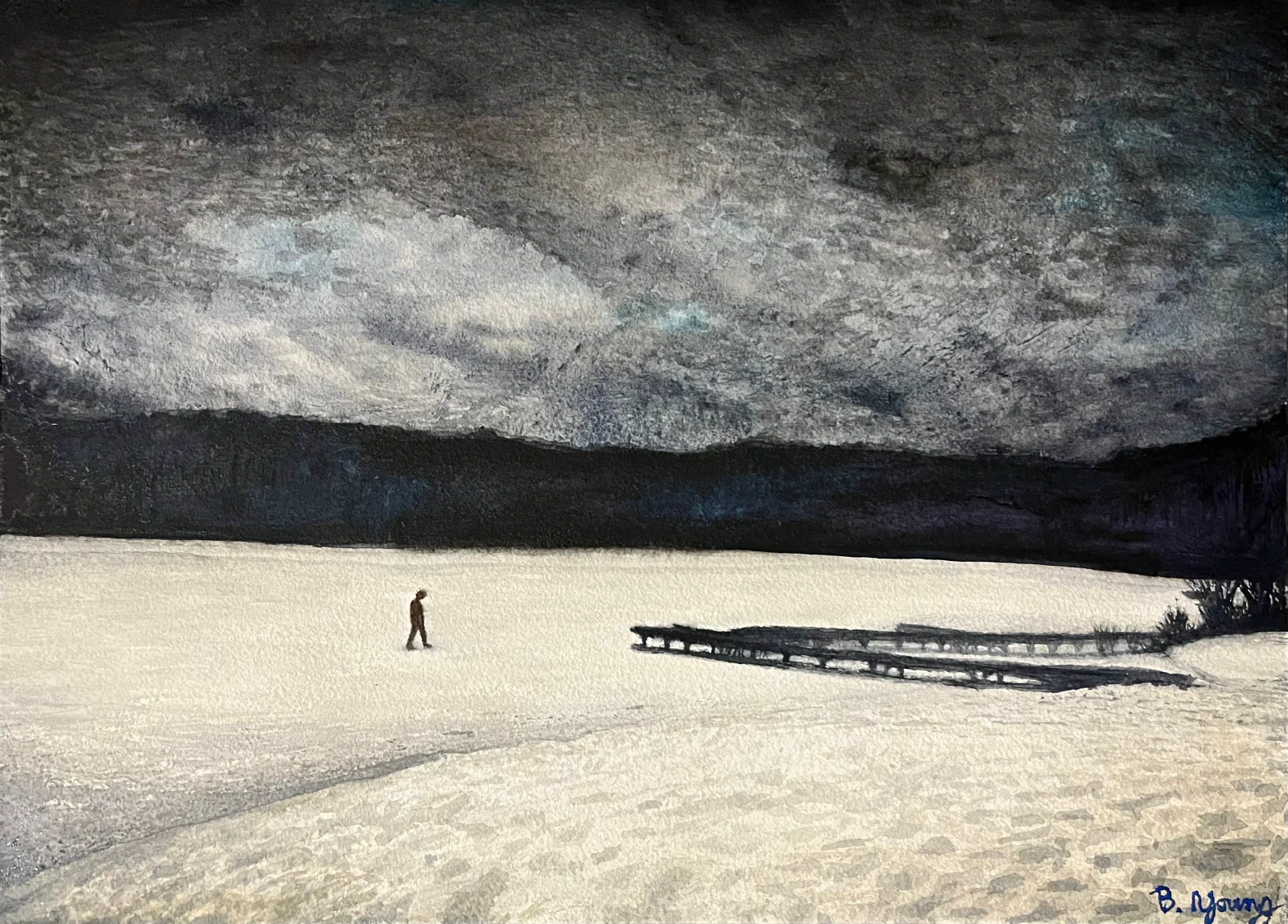 This painting by Ben Young depicts a solitary figure walking across a lake of ice, with the scene conveying a sense of solitude in a wintry landscape.