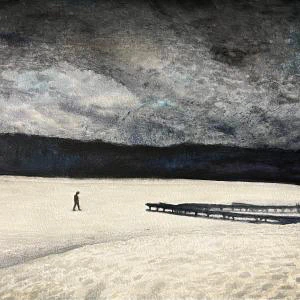 This painting by Ben Young depicts a solitary figure walking across a lake of ice, with the scene conveying a sense of solitude in a wintry landscape.