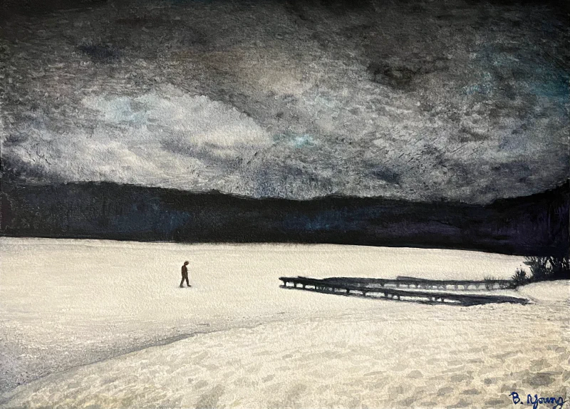 This painting by Ben Young depicts a solitary figure walking across a lake of ice, with the scene conveying a sense of solitude in a wintry landscape.