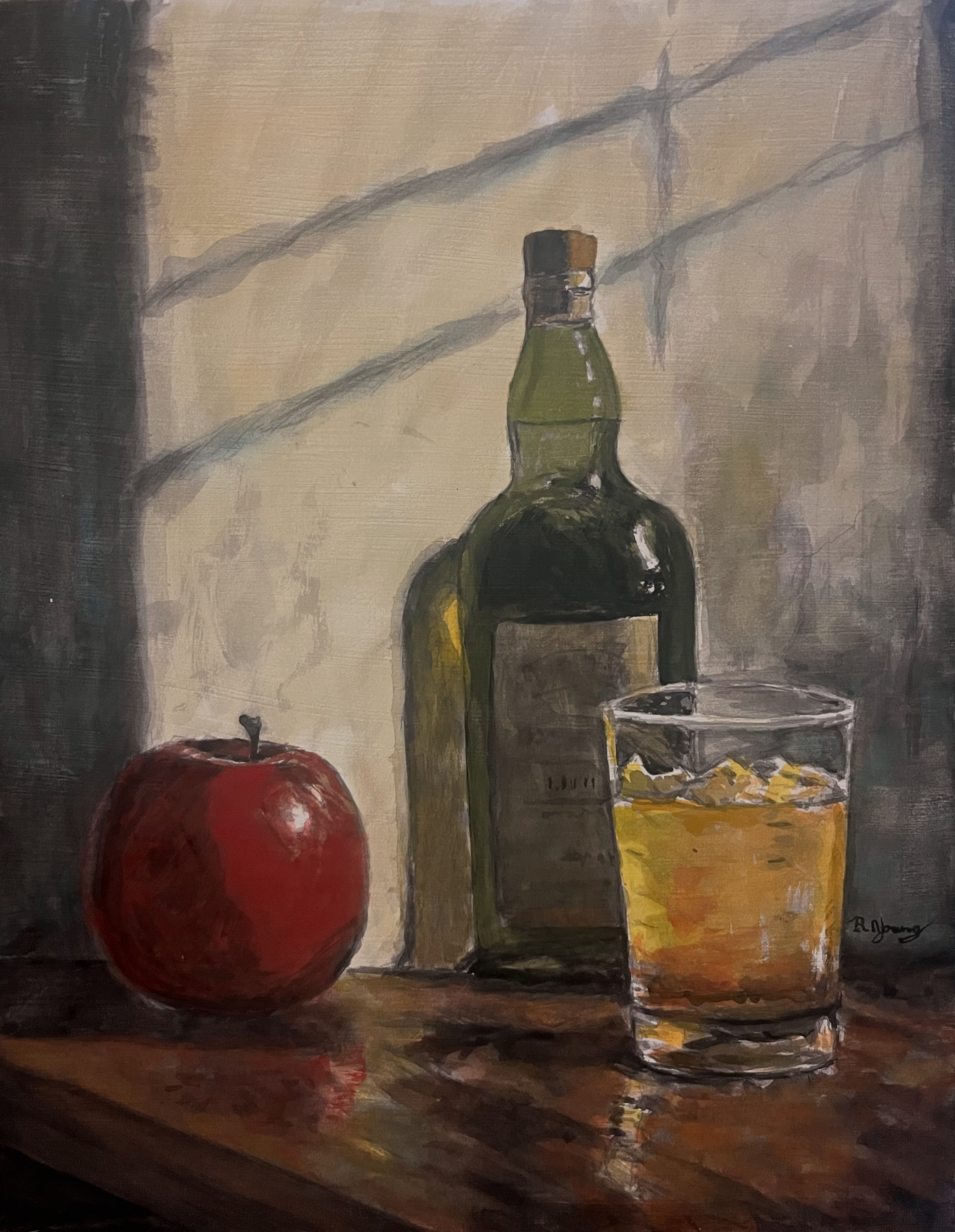 A warmly lit still life of a red apple, green whiskey bottle, and glass of amber liquor, capturing the quiet elegance of light and shadow.