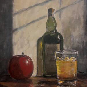 A warmly lit still life of a red apple, green whiskey bottle, and glass of amber liquor, capturing the quiet elegance of light and shadow.