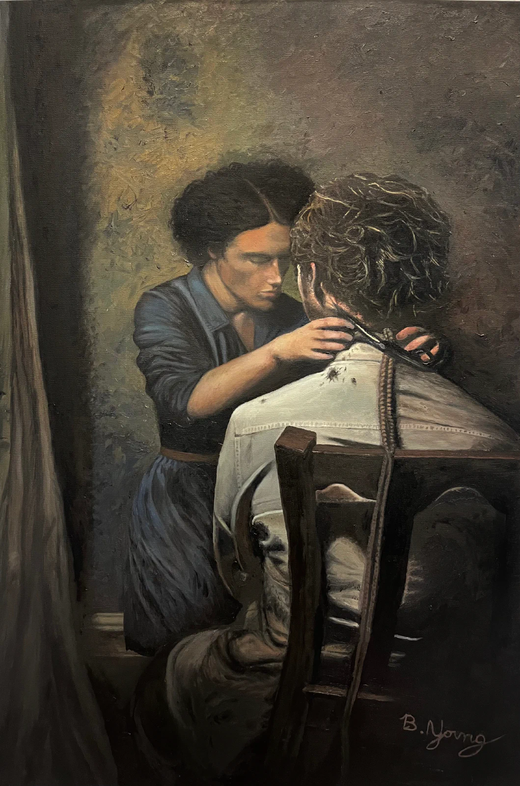 This painting depicts a solemn and intimate moment between two individuals, where a woman is carefully cutting the hair of a man sitting with his back to the viewer, set against a dark, textured background that enhances the emotional depth of the scene.