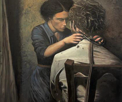 This painting depicts a solemn and intimate moment between two individuals, where a woman is carefully cutting the hair of a man sitting with his back to the viewer, set against a dark, textured background that enhances the emotional depth of the scene.