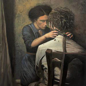 Hallelujah (2024) by Ben Young This painting depicts a solemn and intimate moment between two individuals, where a woman is carefully cutting the hair of a man sitting with his back to the viewer, set against a dark, textured background that enhances the emotional depth of the scene.