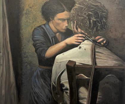 This painting depicts a solemn and intimate moment between two individuals, where a woman is carefully cutting the hair of a man sitting with his back to the viewer, set against a dark, textured background that enhances the emotional depth of the scene.