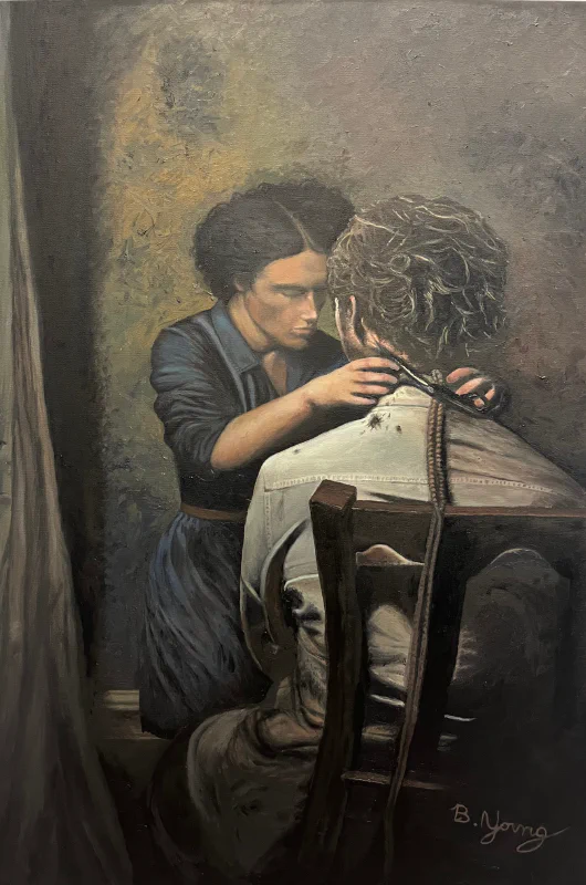 This painting depicts a solemn and intimate moment between two individuals, where a woman is carefully cutting the hair of a man sitting with his back to the viewer, set against a dark, textured background that enhances the emotional depth of the scene.