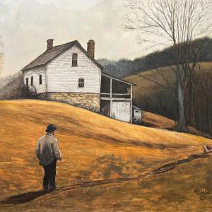 This watercolor painting depicts a solitary figure walking toward a rustic white farmhouse, set against a backdrop of rolling hills and bare trees under a soft, muted sky.