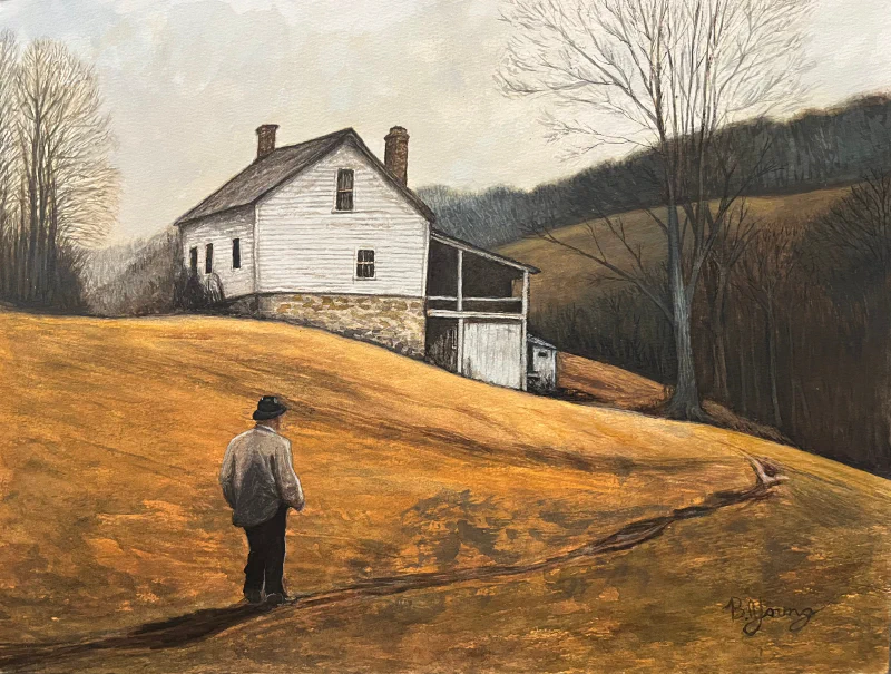 This watercolor painting depicts a solitary figure walking toward a rustic white farmhouse, set against a backdrop of rolling hills and bare trees under a soft, muted sky.