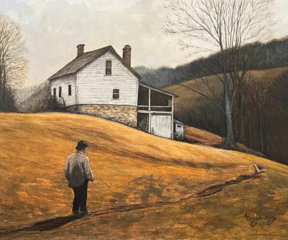 This watercolor painting depicts a solitary figure walking toward a rustic white farmhouse, set against a backdrop of rolling hills and bare trees under a soft, muted sky.