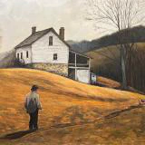 Howard's Hills (2024) by Ben Young This watercolor painting depicts a solitary figure walking toward a rustic white farmhouse, set against a backdrop of rolling hills and bare trees under a soft, muted sky.
