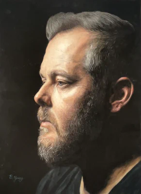 A contemplative side-profile portrait rendered in richly detailed watercolor, capturing quiet strength through dramatic light, shadow, and lifelike realism.