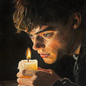 In The Dark (2025) by Ben Young A young man gazes intently at a flickering candle, his face illuminated by its warm glow in a powerful study of light, focus, and introspection.
