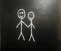 A bold minimalist oil painting featuring two stick figures holding hands against a deep black background, symbolizing innocence, connection, and the beauty of simplicity.