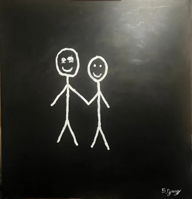 Innocence and Connection (2025) by Ben Young A bold minimalist oil painting featuring two stick figures holding hands against a deep black background, symbolizing innocence, connection, and the beauty of simplicity.