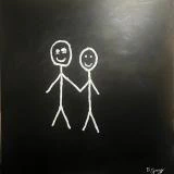 Innocence and Connection (2025) by Ben Young A bold minimalist oil painting featuring two stick figures holding hands against a deep black background, symbolizing innocence, connection, and the beauty of simplicity.