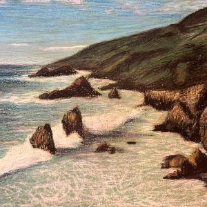 This oil pastel artwork depicts a rugged coastal landscape, with dark cliffs and rocks jutting into the blue-green sea, under a sky scattered with light clouds.