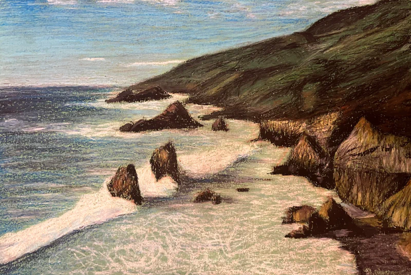 This oil pastel artwork depicts a rugged coastal landscape, with dark cliffs and rocks jutting into the blue-green sea, under a sky scattered with light clouds.