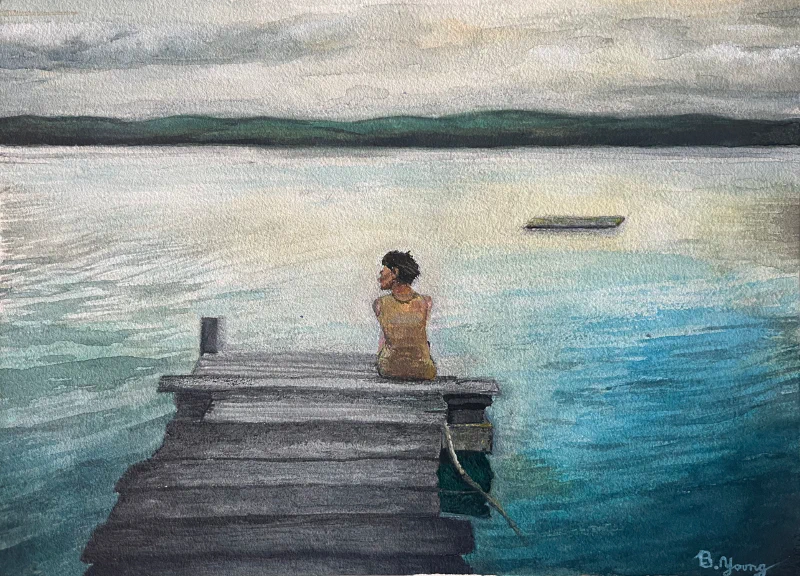 This watercolor painting depicts a serene scene of a person sitting alone on the edge of a wooden dock, gazing out over a calm, expansive body of water with gentle ripples, under a cloudy sky and distant green hills.