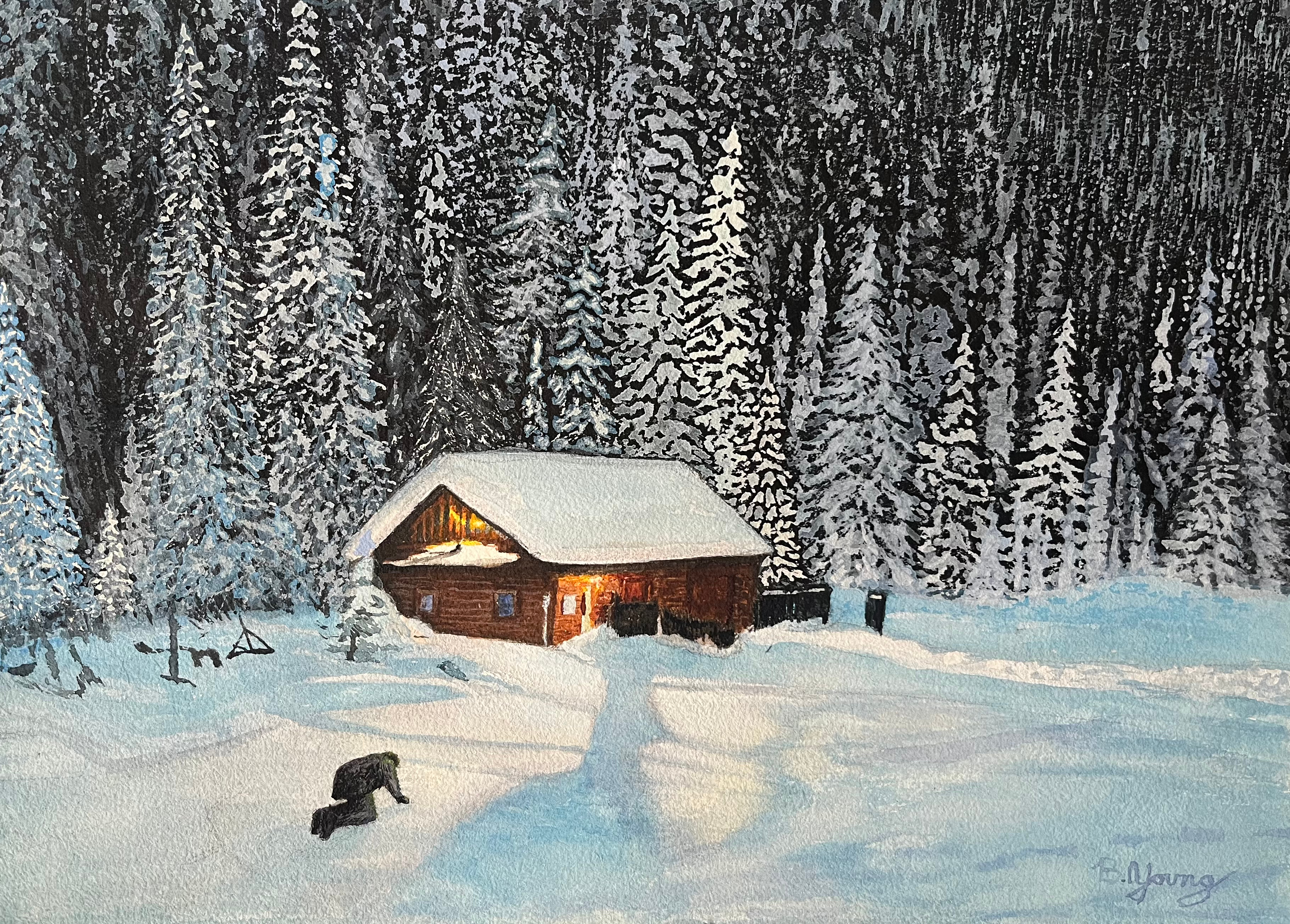 This watercolor painting by Ben Young depicts a serene winter scene with a warmly lit log cabin surrounded by snow-covered trees, evoking a tranquil and cozy atmosphere.