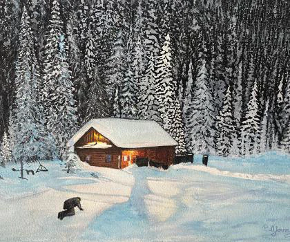 This watercolor painting depicts a serene winter scene with a warmly lit log cabin surrounded by snow-covered trees, evoking a tranquil and cozy atmosphere.