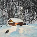 Just Out Of Reach (2025) by Ben Young This watercolor painting depicts a serene winter scene with a warmly lit log cabin surrounded by snow-covered trees, evoking a tranquil and cozy atmosphere.