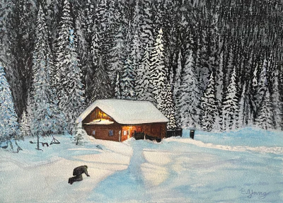 Just Out Of Reach (2025) by Ben Young This watercolor painting depicts a serene winter scene with a warmly lit log cabin surrounded by snow-covered trees, evoking a tranquil and cozy atmosphere.